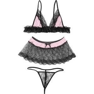 Men‘s Lingerie Set Lace Neck Skirted Thong Briefs+Deep V Bra Top Sissy Nightwear